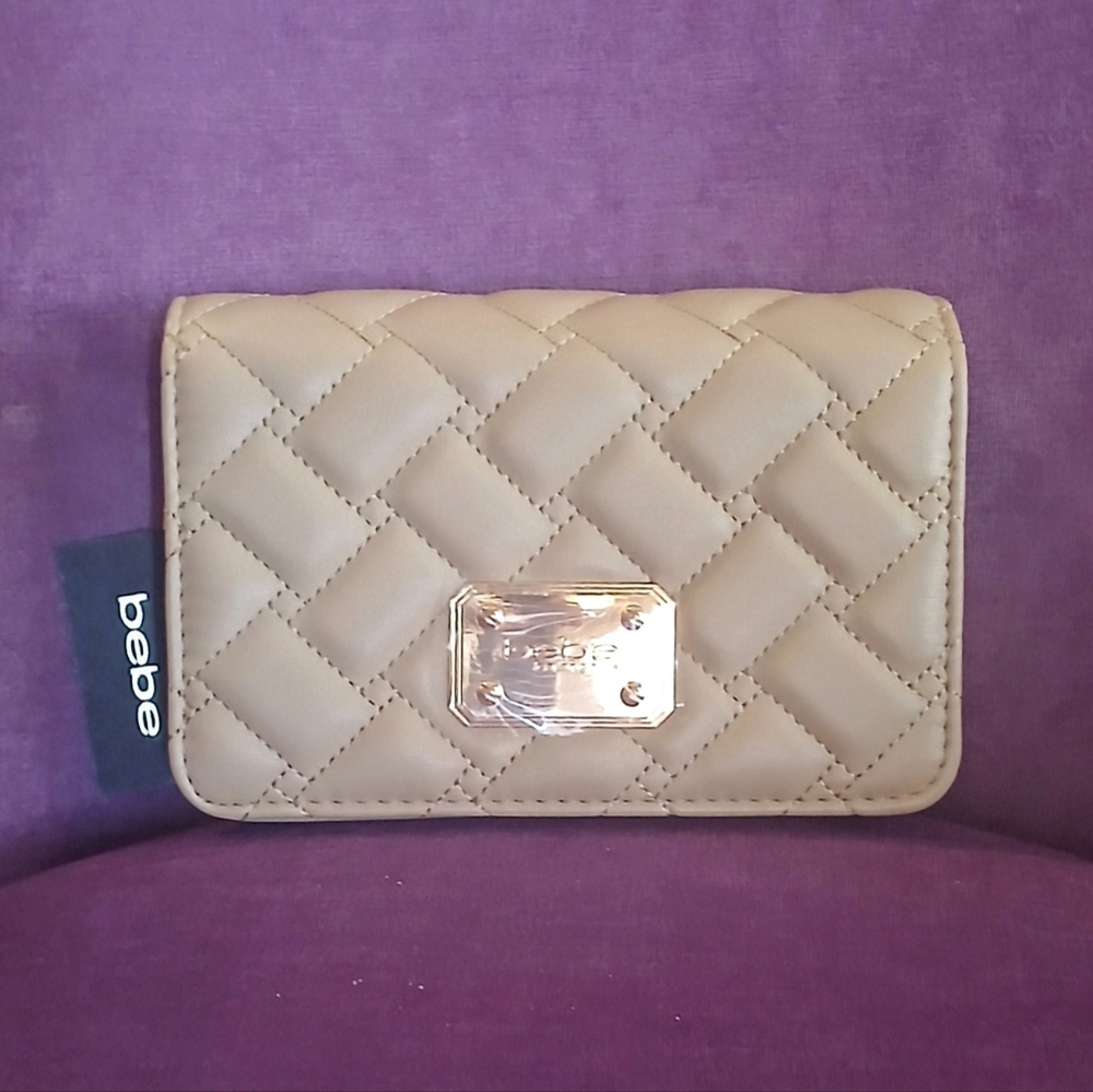 NWT, BEBE stanley BEIGE crossbody purse, bag quilted. brown, tan, cream